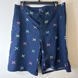 Vineyard Vines Board Shorts Men's Sz 33 Navy Blue All Over Print Fish Bones Swim